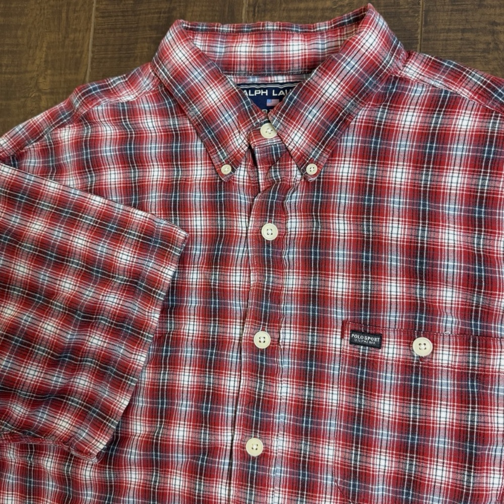 VTG Polo Ralph Lauren Sportsman Red Plaid Short Sleeve Shirt Mens Large XL
